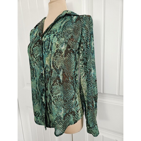 New Directions Green Snake Print Blouse With Roll Tab Sleeves Sheer Size PM - Picture 2 of 9
